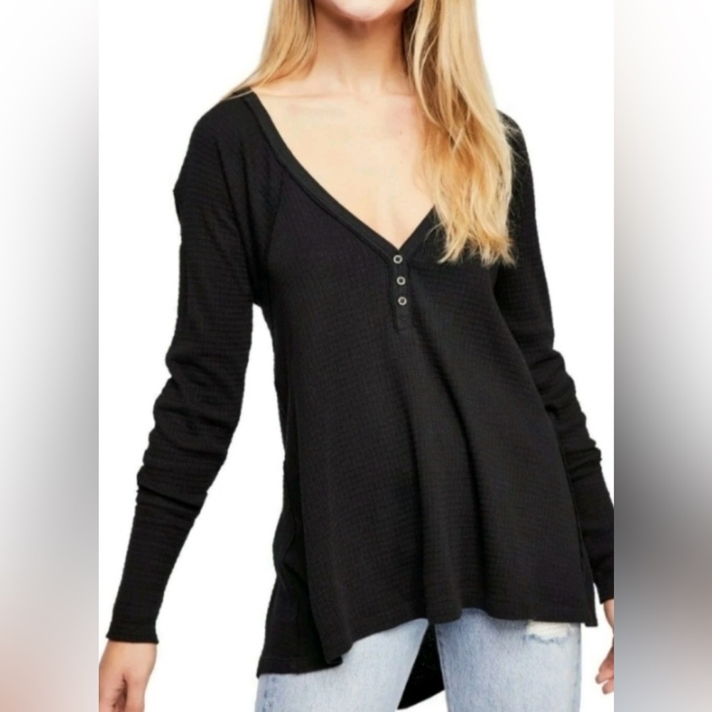 We The Free Black Thermal Henley Waffle Knit Top